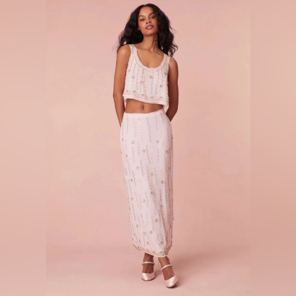 NWT ✨ LOVESHACKFANCY Goodall Lilac Embellished Midi Skirt $595 | 00
